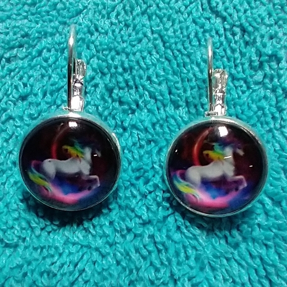 Silvertone colorful unicorn wire pierced lever earrings - Picture 1 of 5